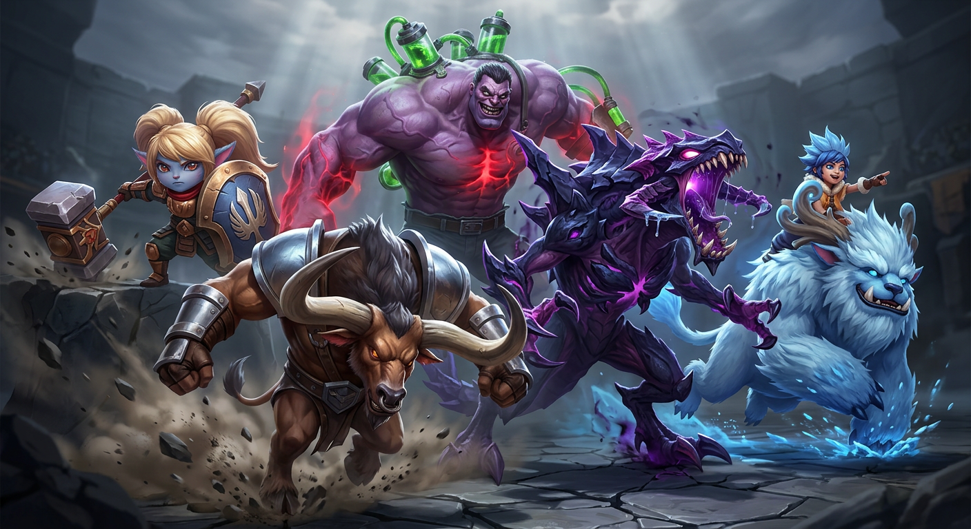Five Arena tank champions showing different playstyles