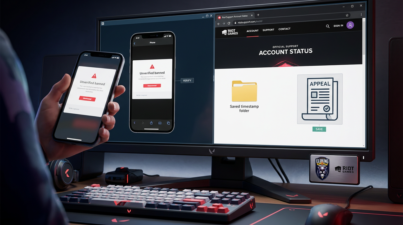 Gaming desk with an unverified ban screenshot and official support page