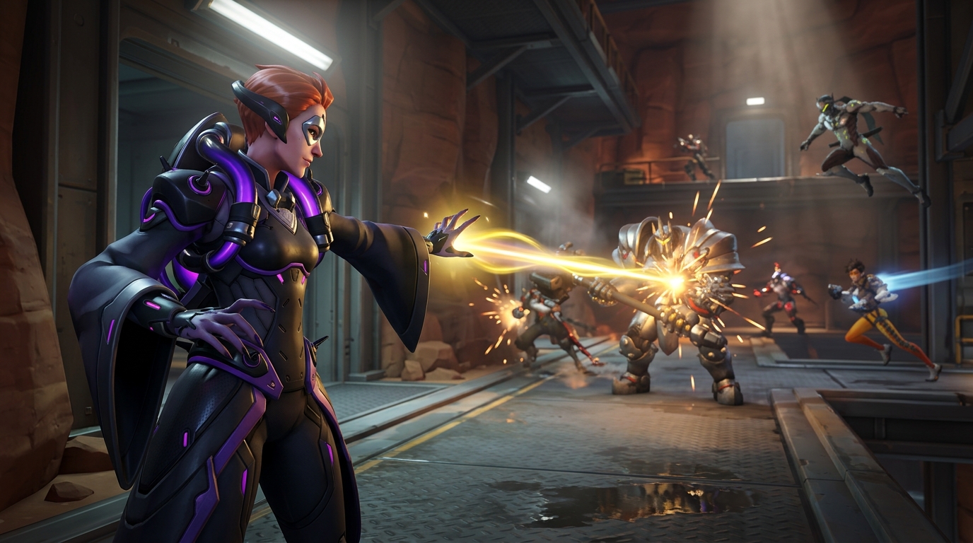 Moira casting a biotic beam with glowing energy in Overwatch 2