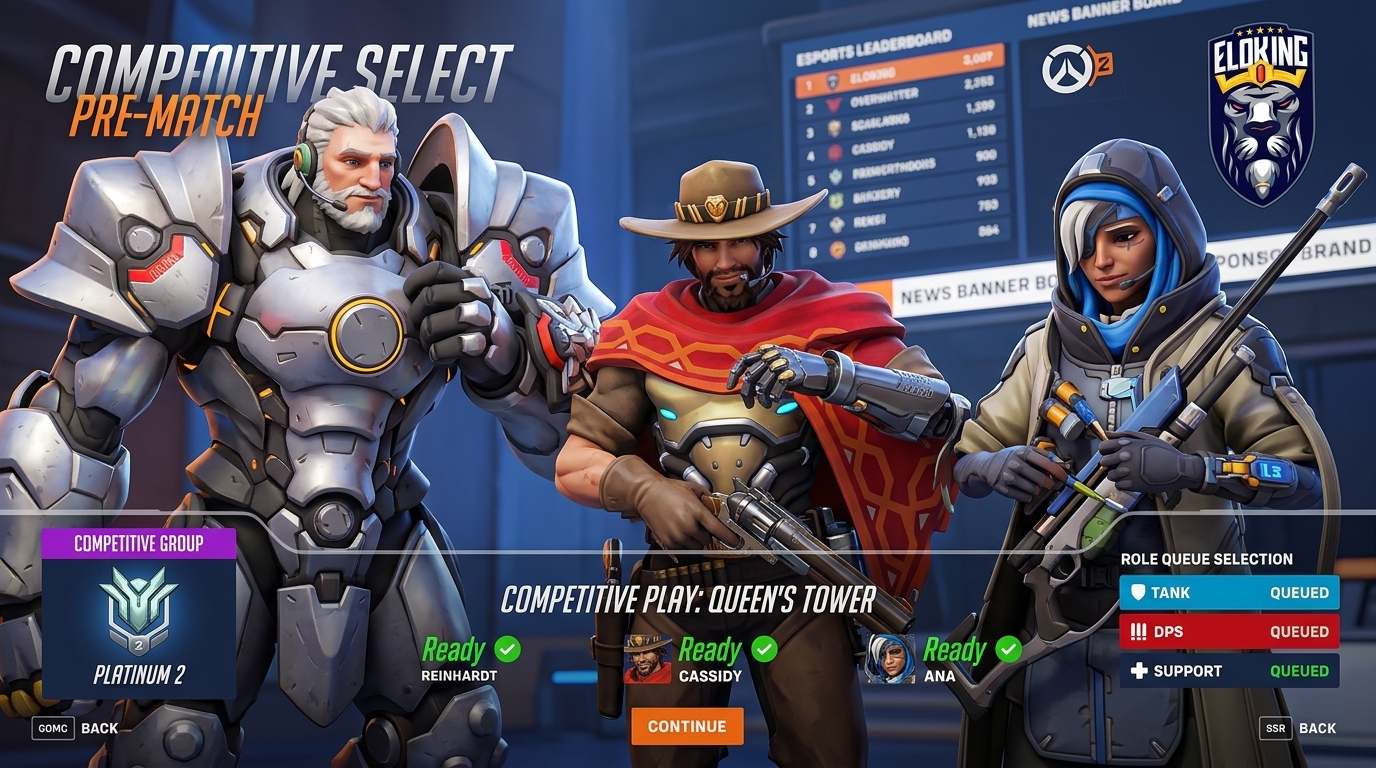 &Eacute;quipe d'Overwatch 2 en file d'attente ensemble avec l'interface de s&eacute;lection de r&ocirc;le et des communications calmes
