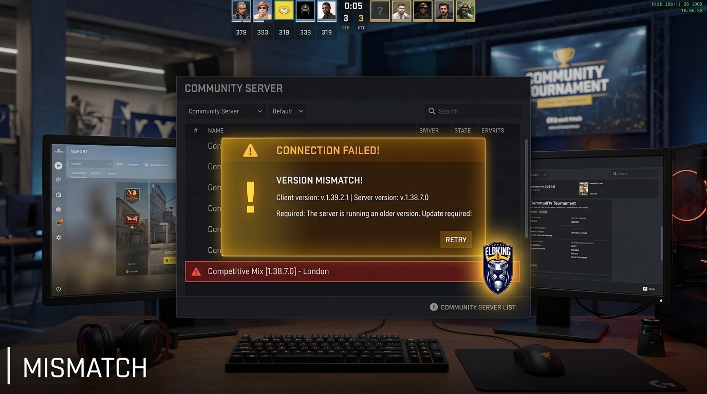 CS2 community server browser showing a connection mismatch warning