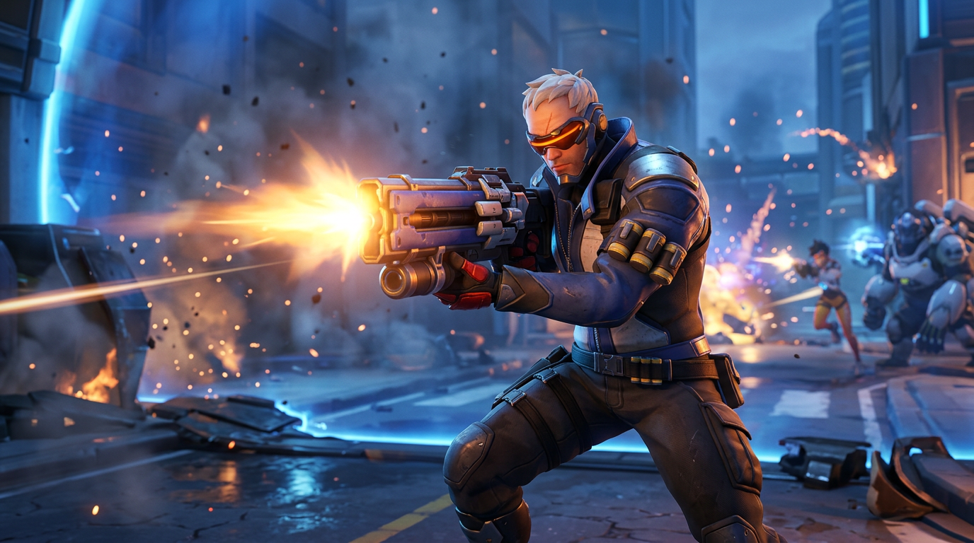 Soldier: 76 aiming a rifle in a smoky Overwatch 2 battleground