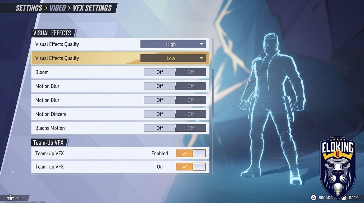 Menu delle impostazioni di Marvel Rivals che mostra effetti bassi, bloom disattivato e toggle Team-Up VFX