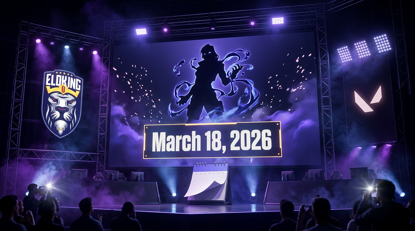 VALORANT reveal stage with a calendar showing March 18, 2026