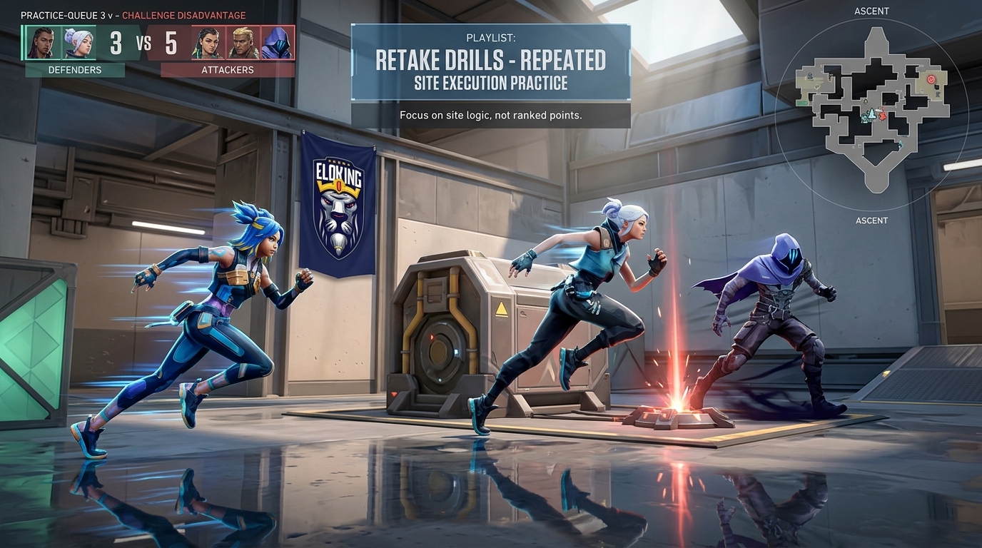 VALORANT agents in a Retake practice drill with mode-card UI