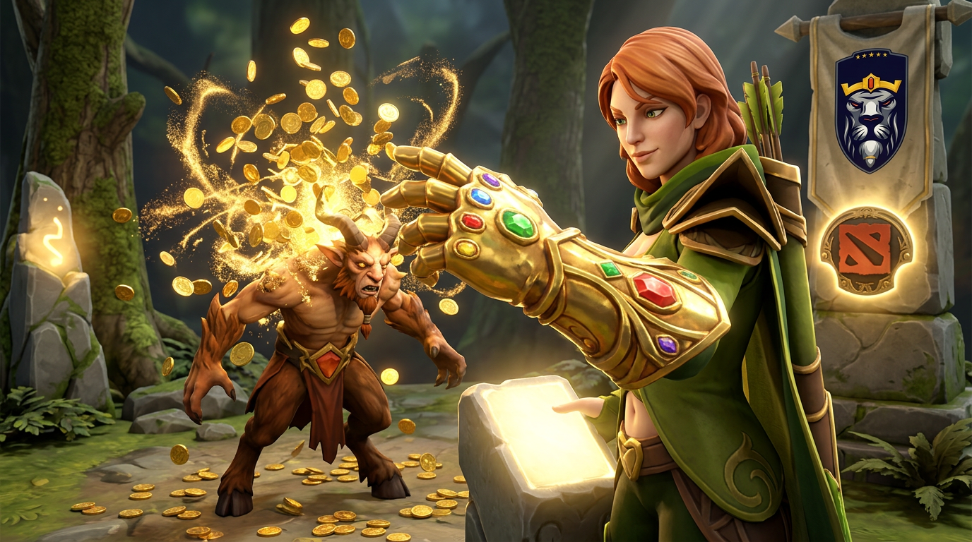 Hand of Midas transmuting a creep into gold beside a greedy hero