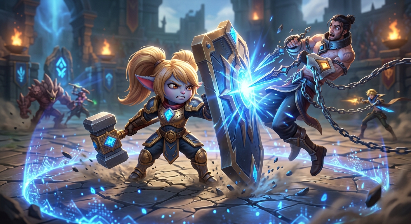 Poppy blocking a dash in an Arena skirmish