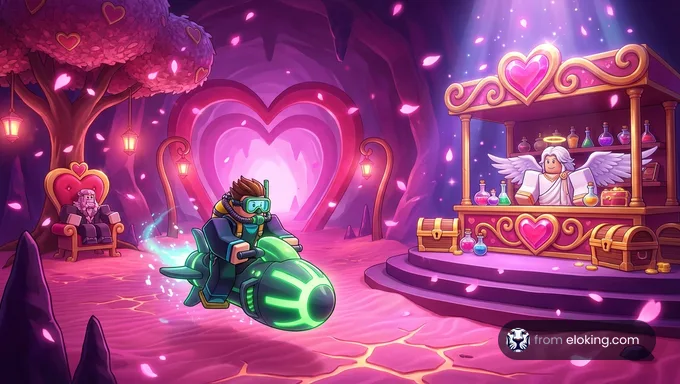 The Valentine's event hub in Roblox's The Abyss, decorated with hearts and pink lights.