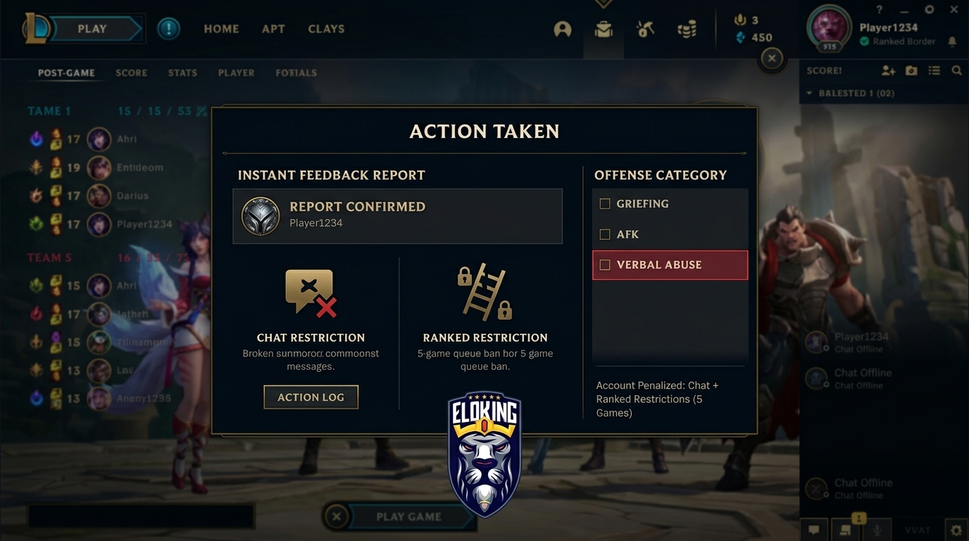 Report confirmation screen with action taken and punishment icons