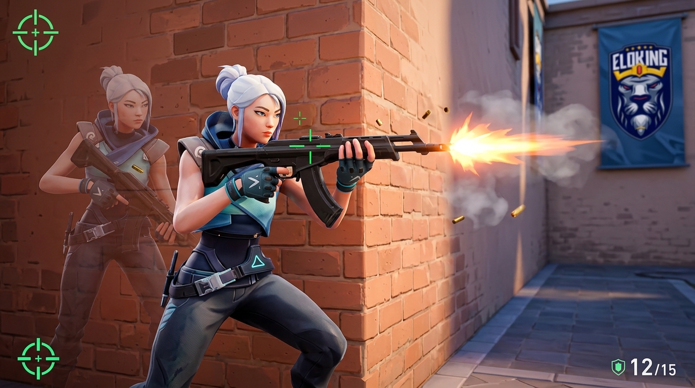 Valorant agent stopped at head level firing a controlled burst