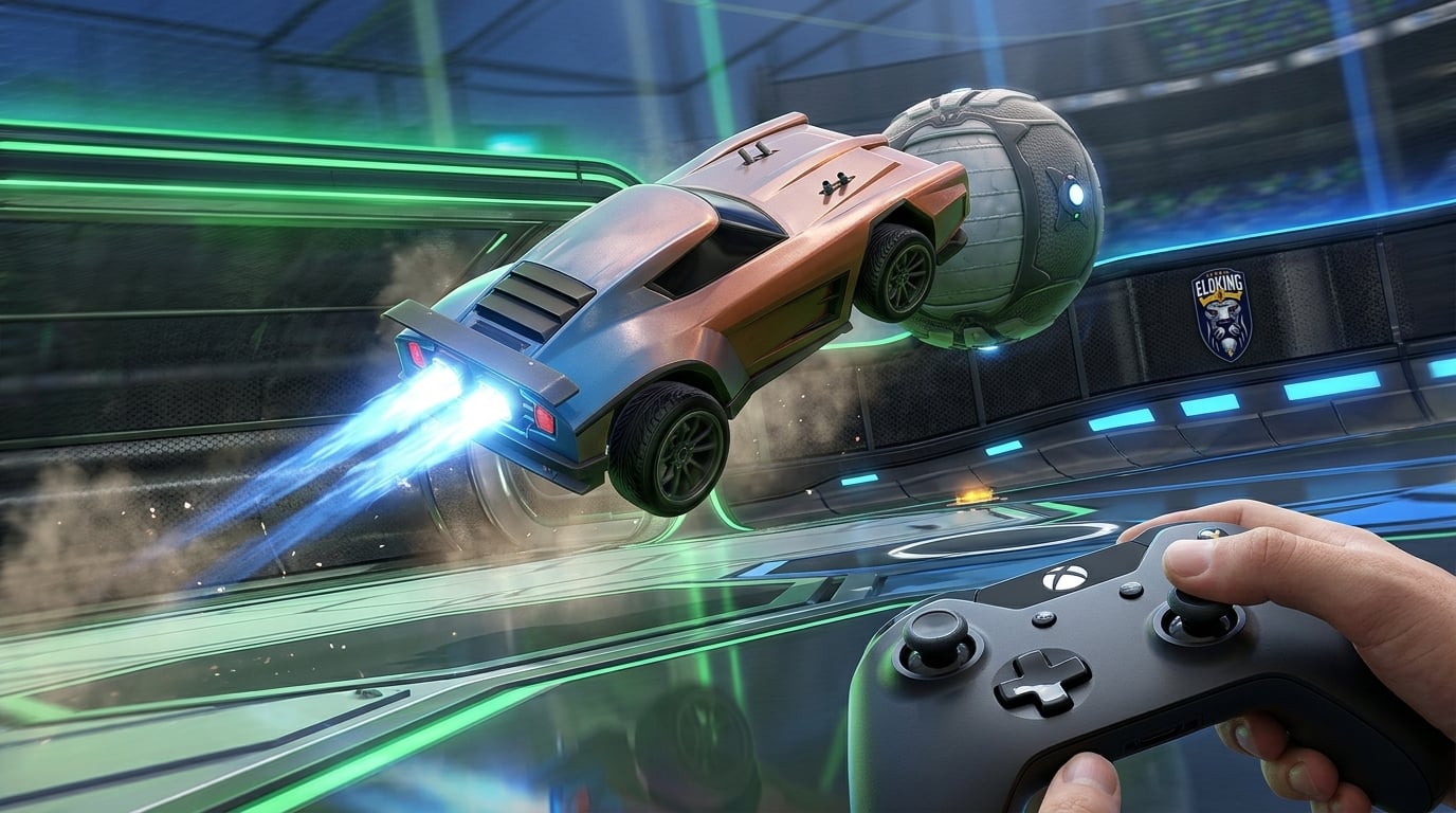 Rocket League car making a controlled aerial recovery in Free Play