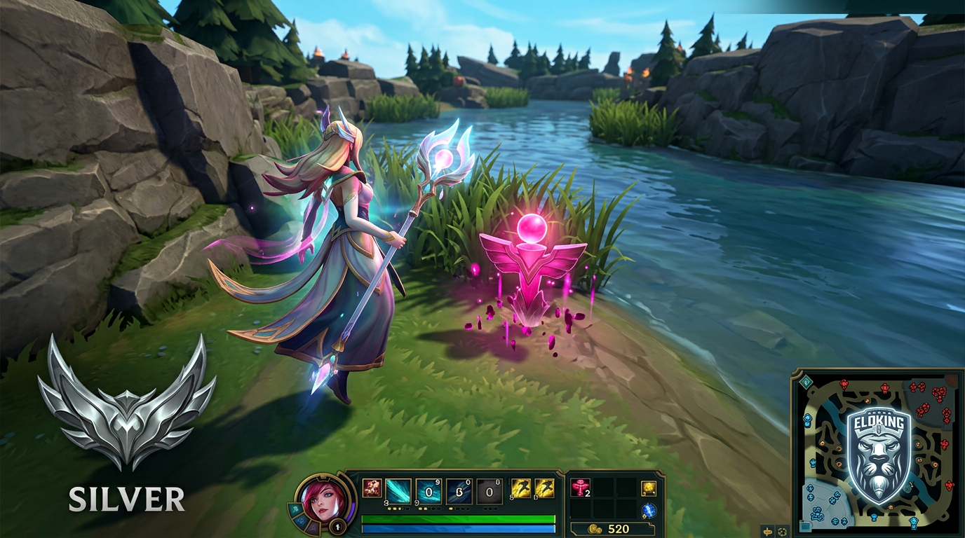 El arquetipo de soporte de LoL lanza un Control Ward rosa con HUD visible y una insignia de rango Plata