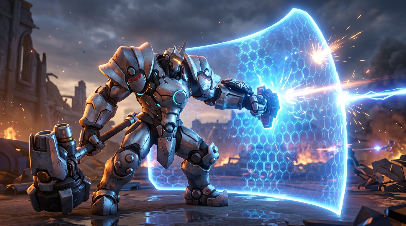 Reinhardt raising his glowing barrier shield in Overwatch 2