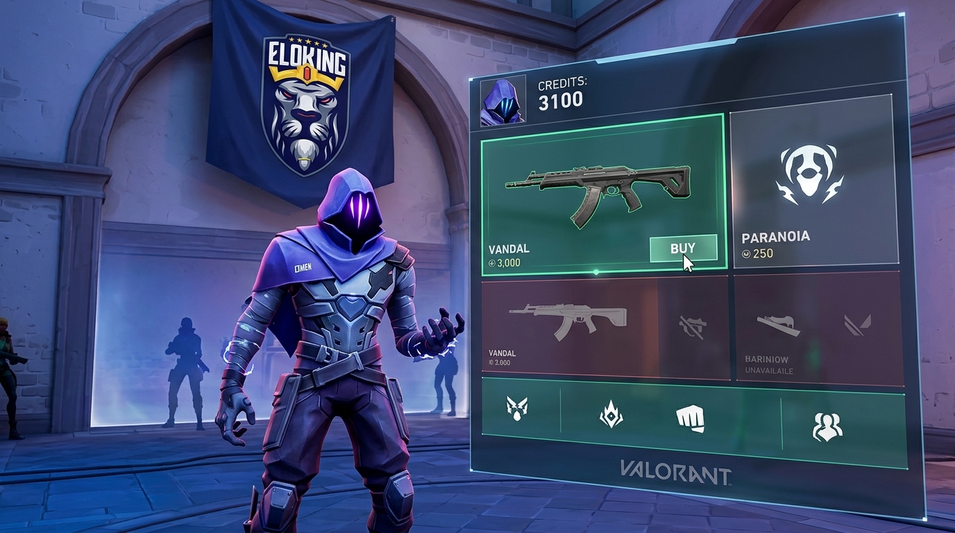 Valorant buy phase with credits, rifle, and utility choice
