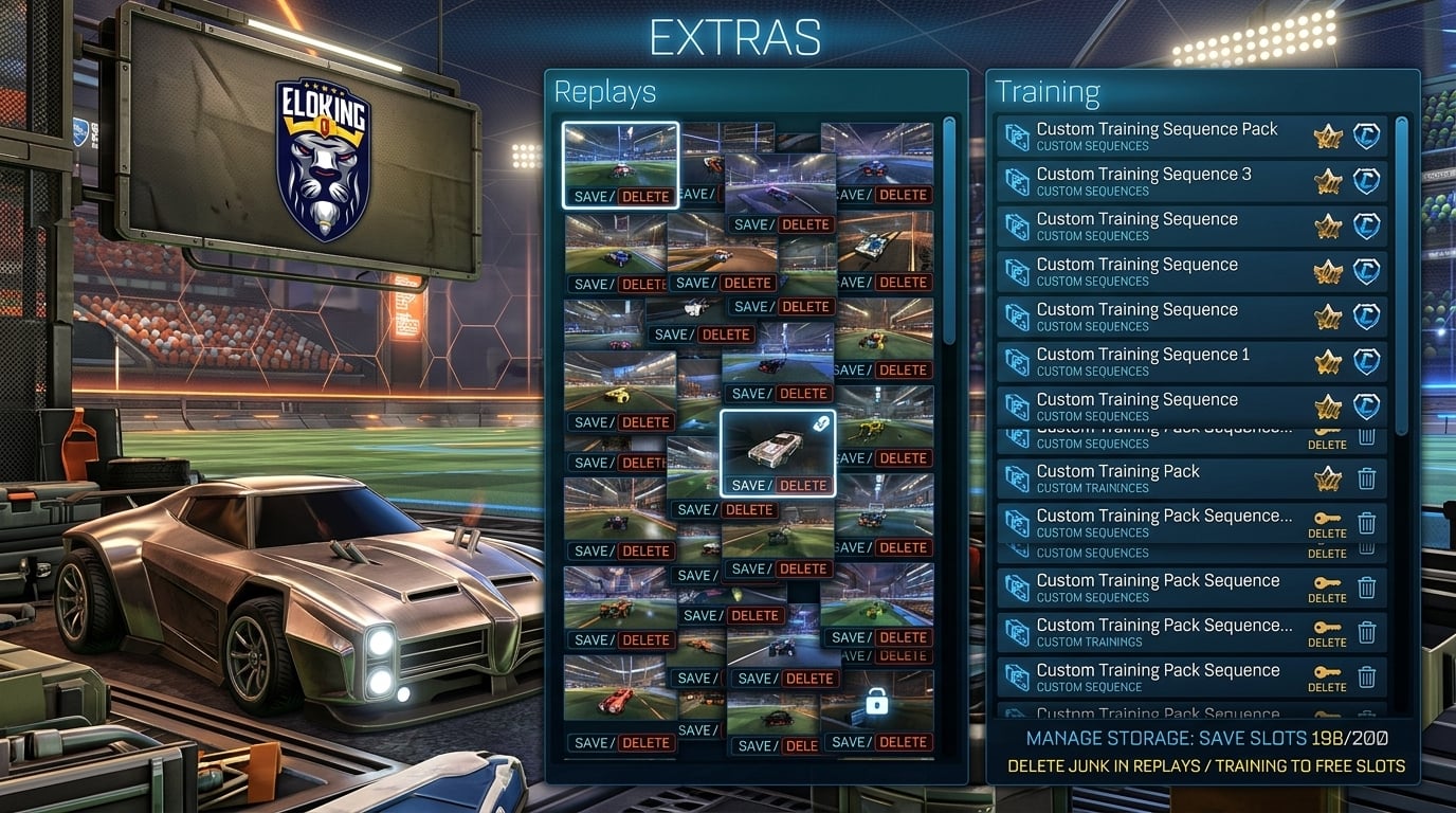 Rocket League menu with replay and training entries crowding the save list