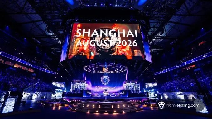 The International 2026 stage concept in Shanghai with Dota 2 branding.