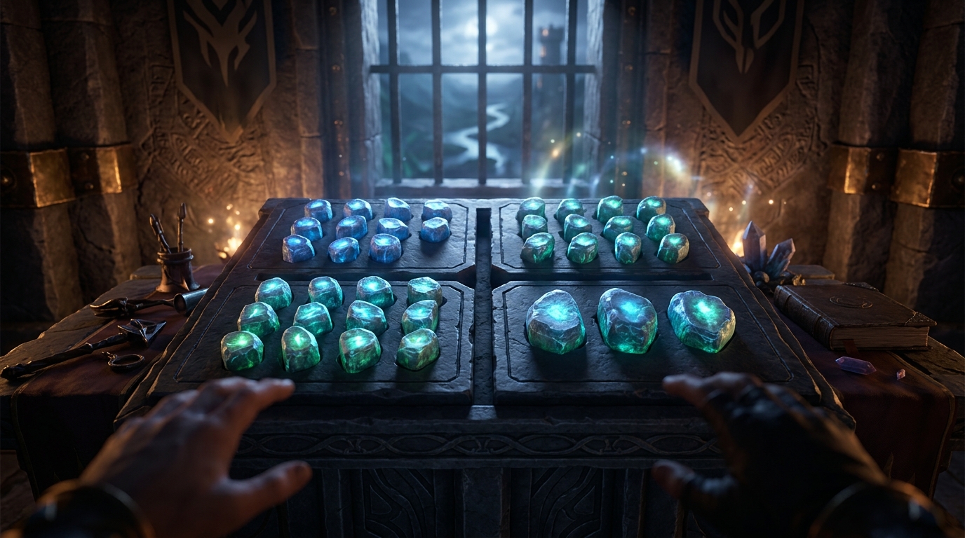 Four rune clusters showing nine Marks, nine Seals, nine Glyphs, and three Quintessences