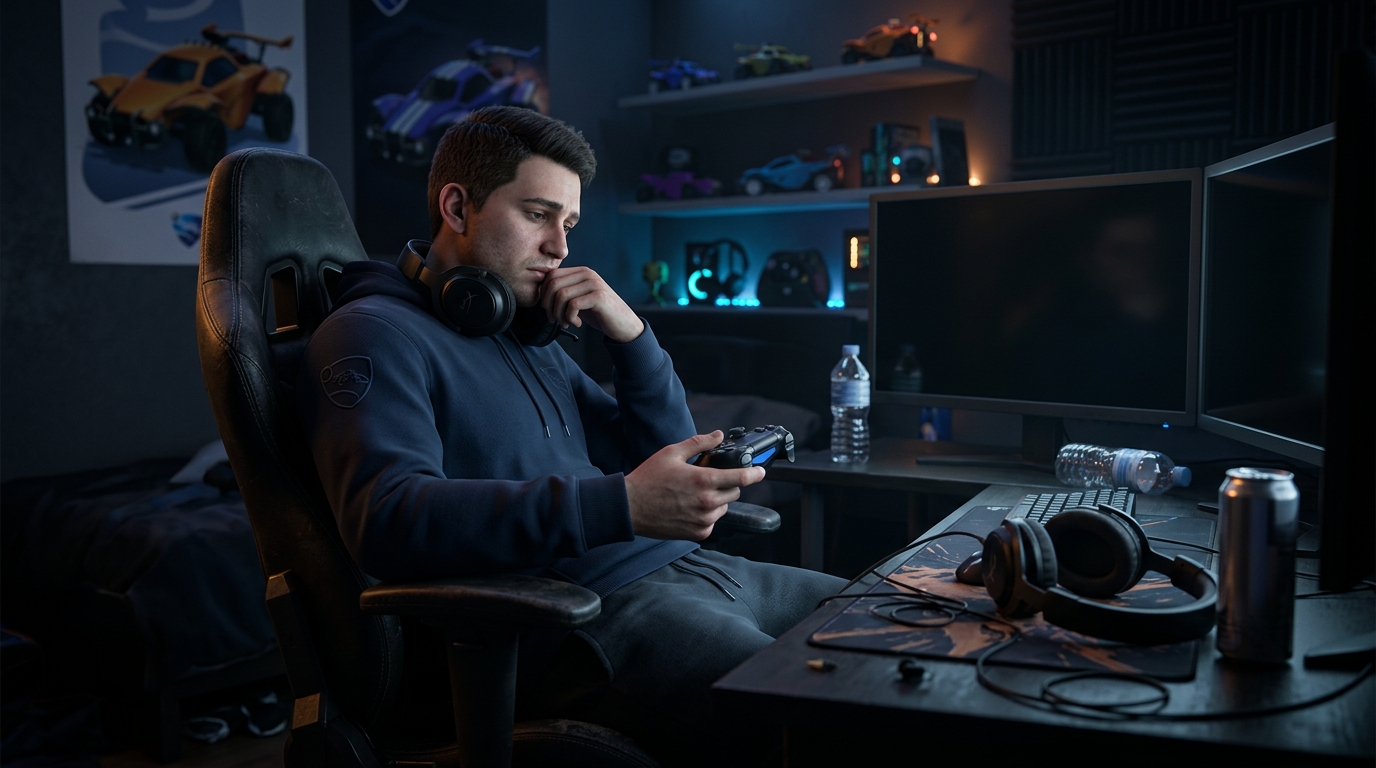 Rocket League player after a rough loss, choosing report or reset