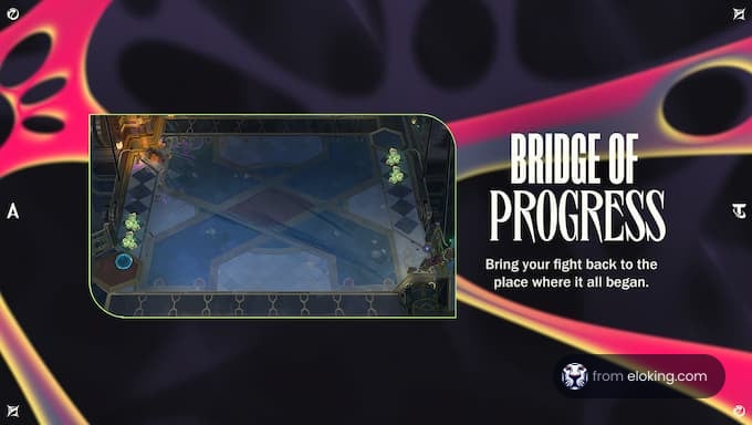 Screenshot of a video game level titled 'Bridge of Progress' with futuristic neon graphics