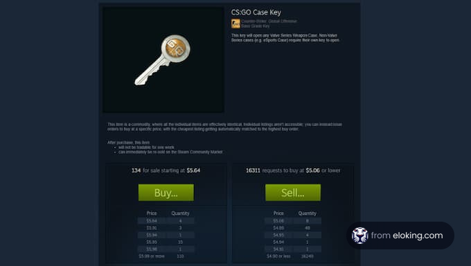 Screenshot showing a CSGO case key on a digital marketplace with buy and sell options