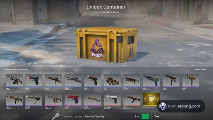 CS:GO Fracture Case unlocking screen showcasing a selection of weapon skins