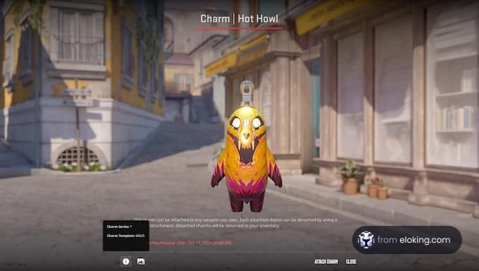 Colorful game charm named Hot Howl with owl design floating in a video game street