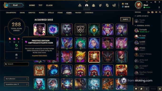 League of Legends game interface showing a collection of champion icons acquired in 2022