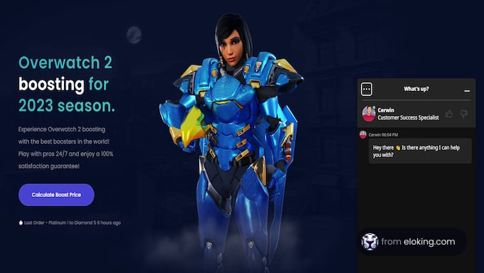 Advertisement for Overwatch 2 boosting services for the 2023 season featuring a character in full armor
