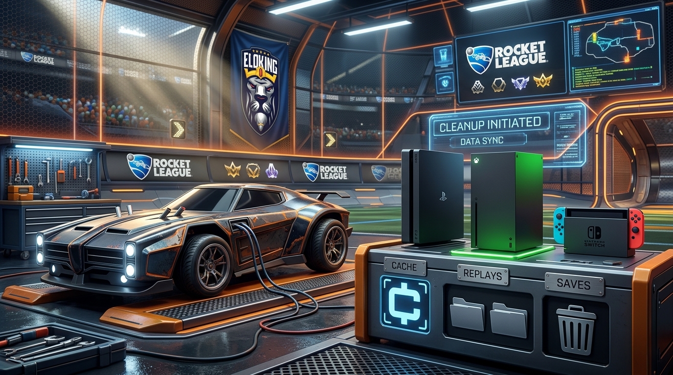Rocket League troubleshooting scene with console devices and save cleanup cues