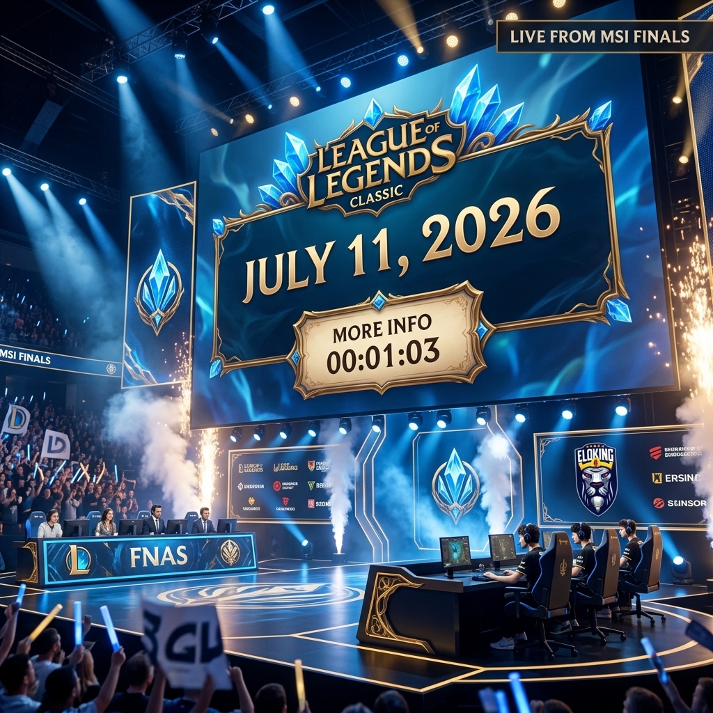 Esports stage reveal board with July 11, 2026 and a teaser panel