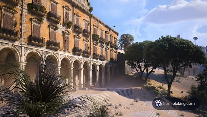 Ein verlassenes Geb&auml;ude umgeben von W&uuml;stenlandschaft