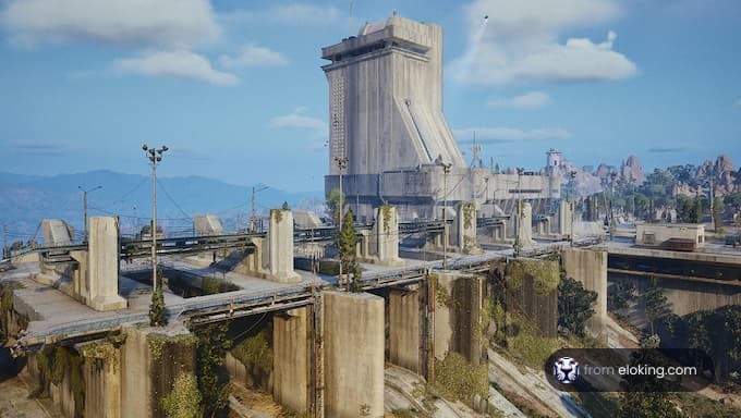 A view of an abandoned industrial site with a mountainous background