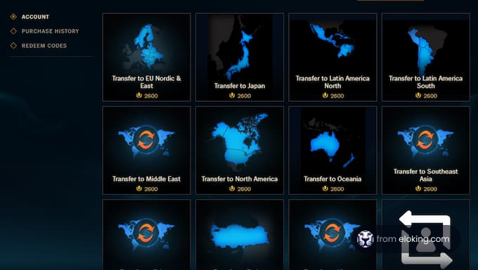 Map showing account transfer options for various regions including North America, Europe, and Asia.