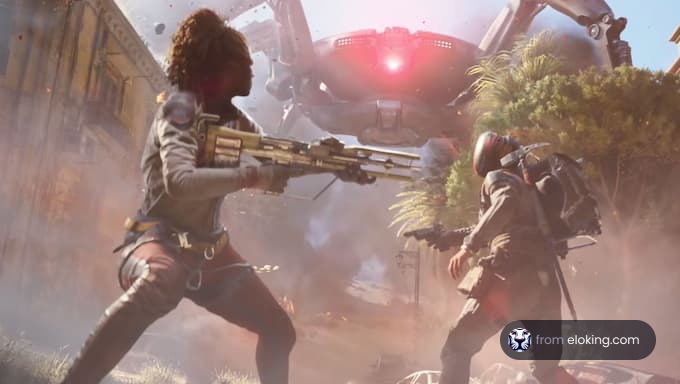 A dramatic scene of two characters battling against a giant robot in a futuristic setting.