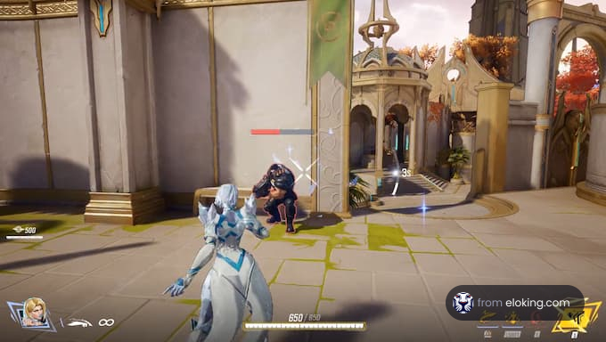 A character in an action game engaging in combat.