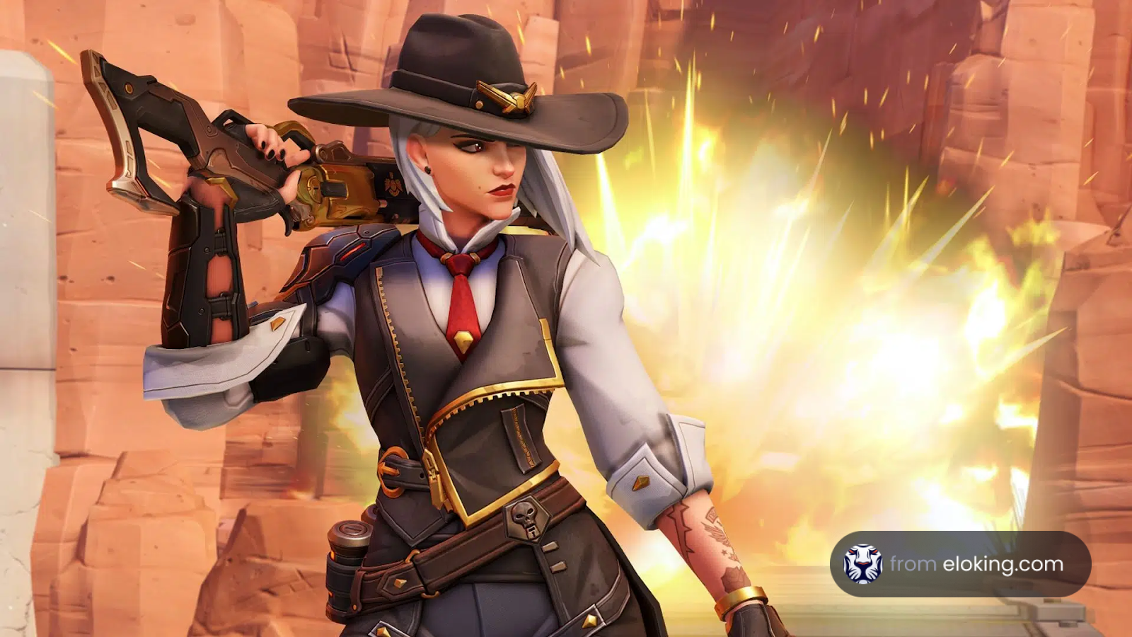 Animated cowgirl character in action, shooting with a gun in a fiery game scene