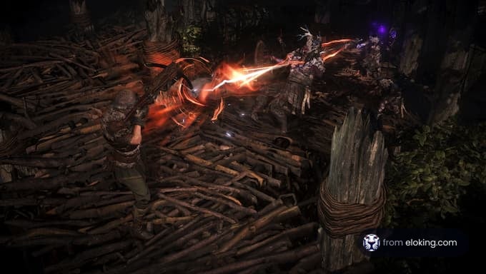 An action-packed battle scene in a game.