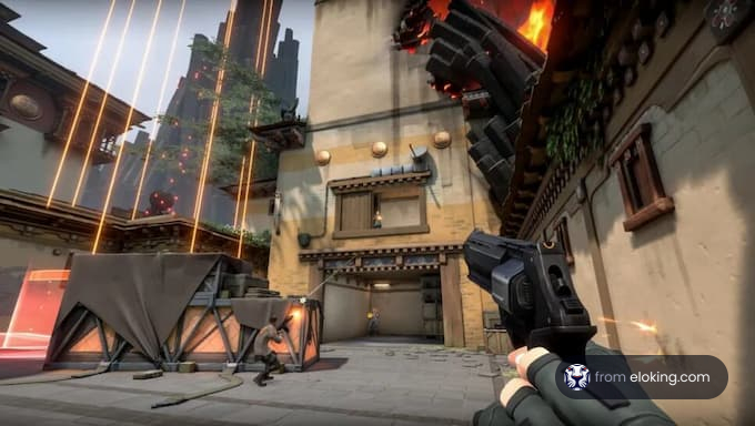 First-person view in an intense video game shootout