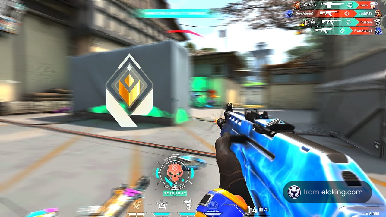Intense first-person shooter game action with a focus on a blue weapon and dynamic in-game elements