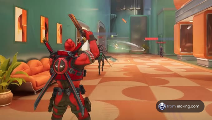 A thrilling action scene in a colorful gaming environment with characters in combat.