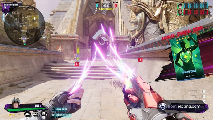 Player engaging in action gameplay with glowing swords and a health card.