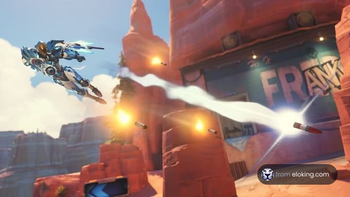 A futuristic robot flying through a desert landscape while shooting projectiles.