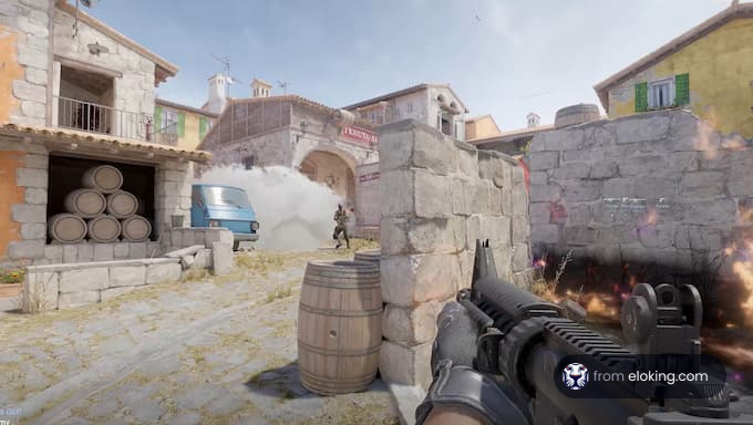 A thrilling action-packed gaming scene with smoke and soldiers.