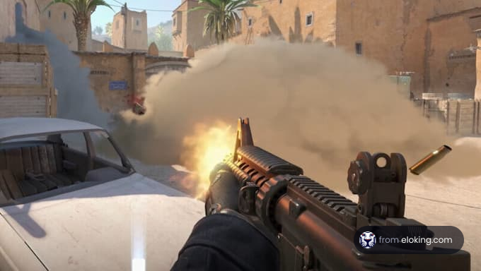 An action-packed shooting scene in a video game.