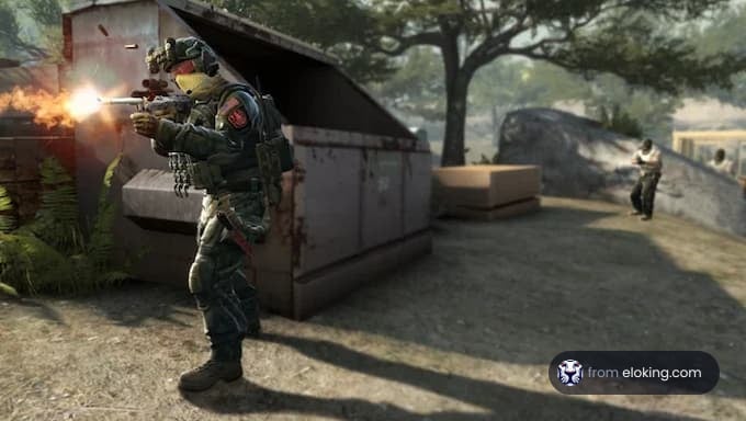 Soldier in combat firing his weapon in a video game scene