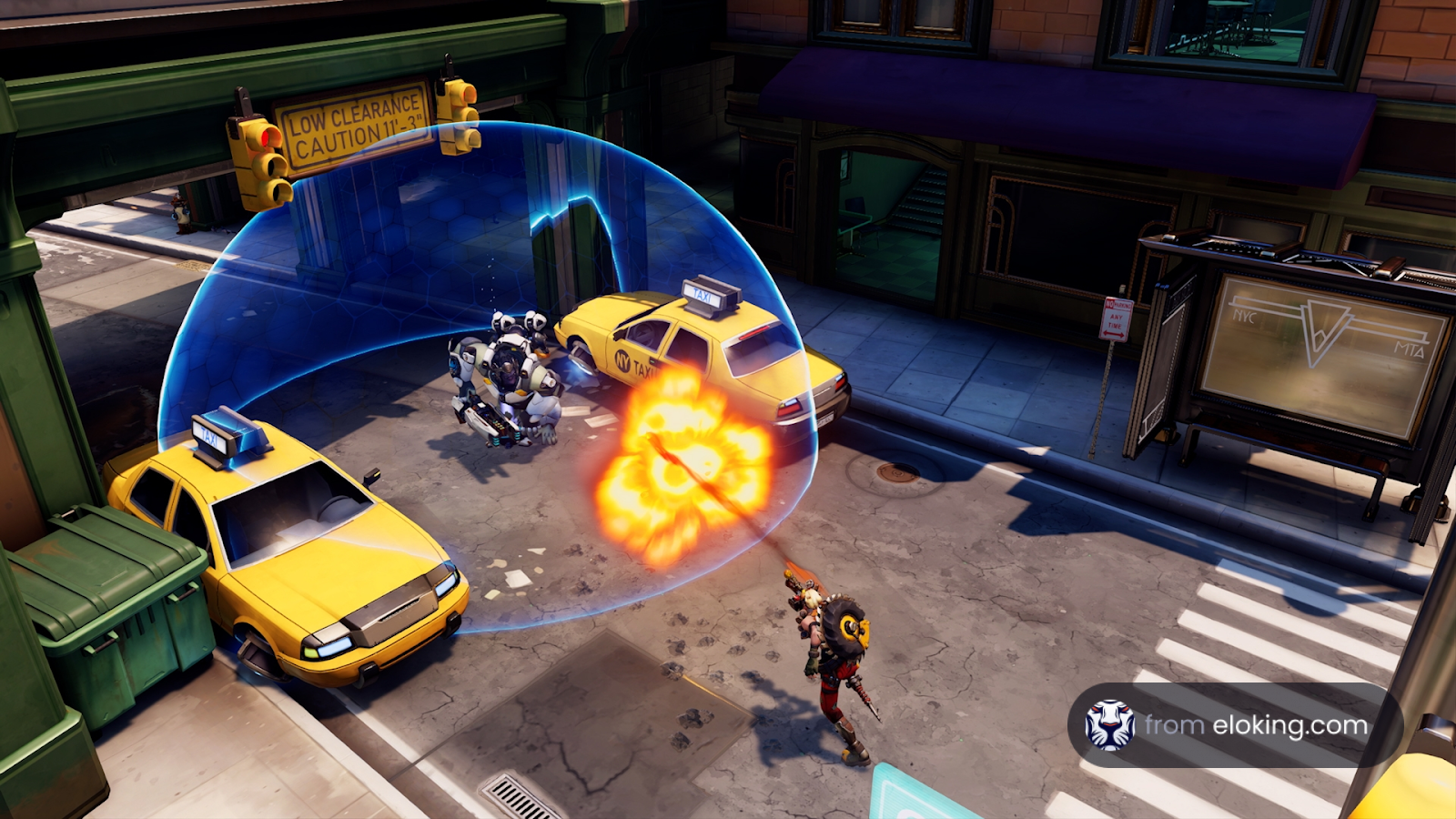 Video game characters engaging in a battle on a NYC street, with one character firing while protected by a futuristic shield