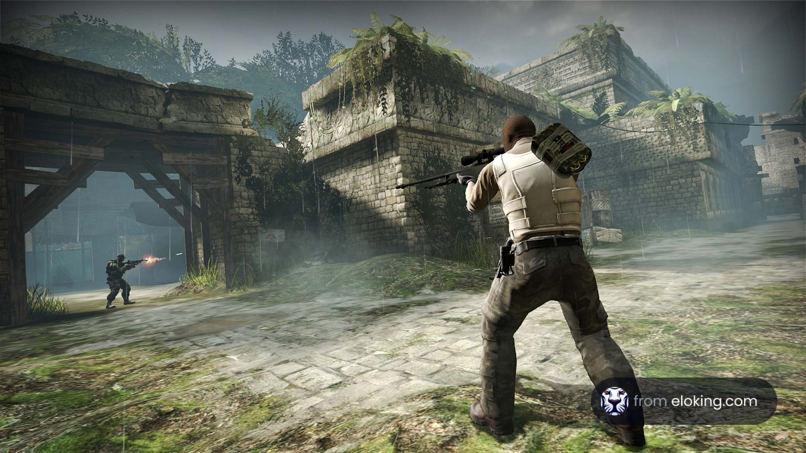 Two video game characters engaged in a shooting combat in a ruine environment