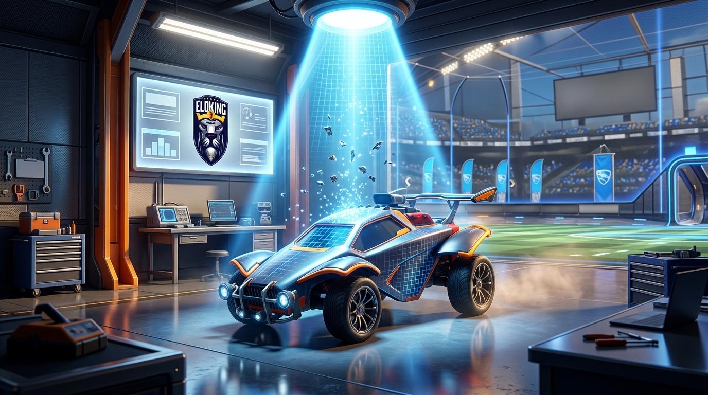 Auto di Rocket League sotto un fascio di riparazione luminoso per la verifica dei file