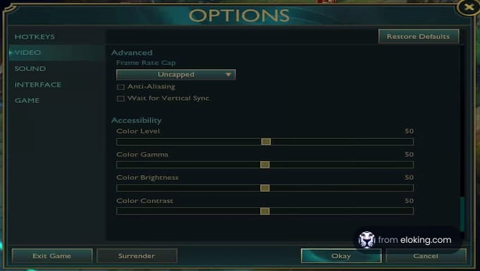Screenshot of an advanced video game settings menu