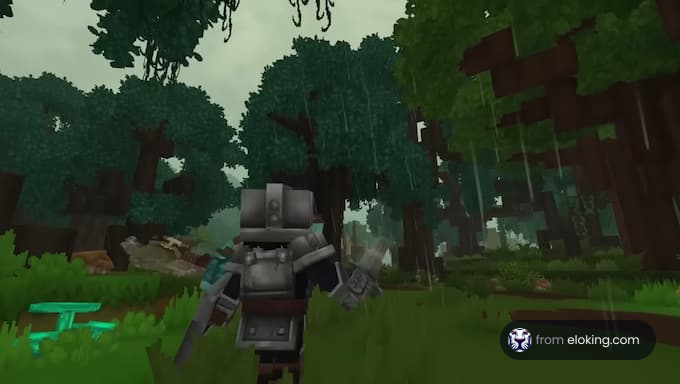 A character exploring a forest during rain in a game.